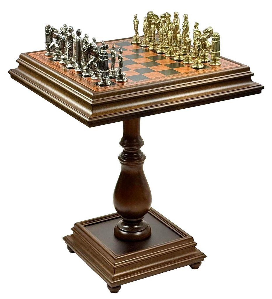 Exklusiver Italfama Schachtisch aus Lindenholz + Römische CAESAR SET Metallfiguren (11,7 cm) + Holz-Damepöppel | Premium-Salonensemble