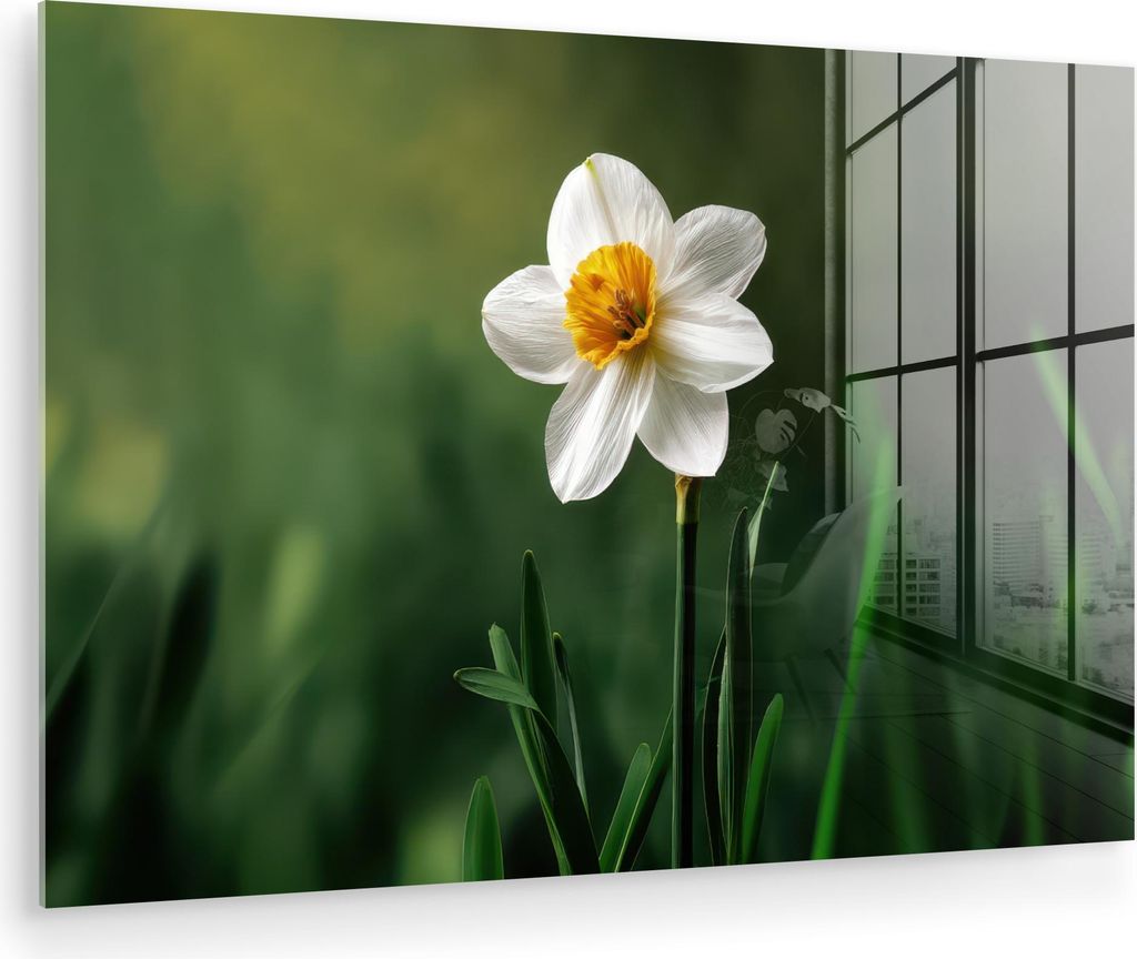 MuchoWow Glasbilder - Bilder auf Wandbild - Foto auf Glas Narzisse - Blume - Weiß - Grashalme 60x40 cm Wanddekoration aus Glas - Acrylglasbild - A...