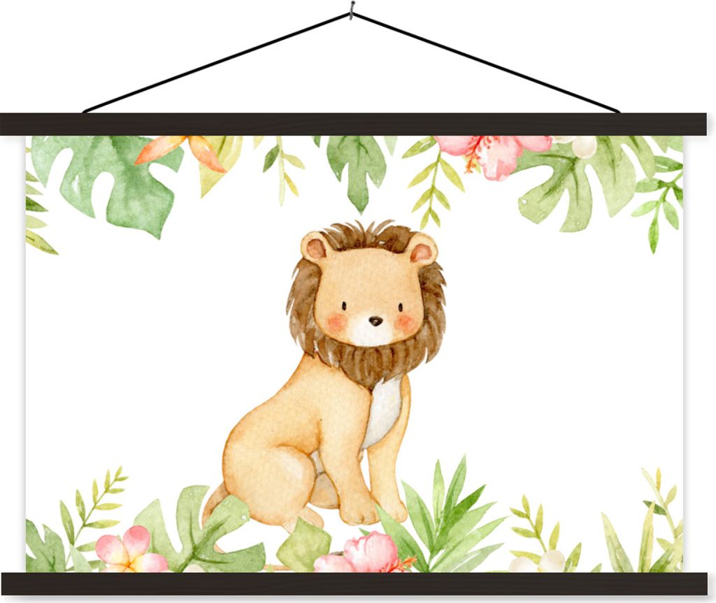 MuchoWow Textilposter Löwe - Dschungel - Pflanzen - Blumen 90x60 cm mit schwarzem Rahmen - Aufhängungssatz