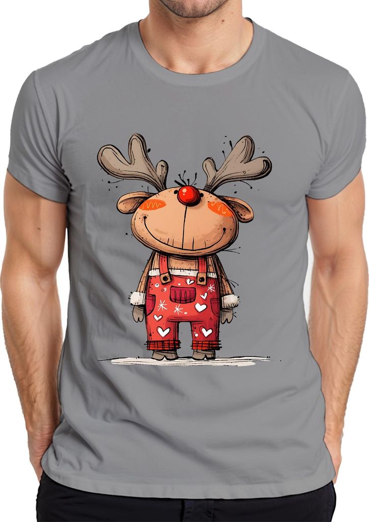 Rudolf Rentier rote Nase Weihnachten niedlich Geschenk Cartoon Herren T-Shirt, Grau, 3XL