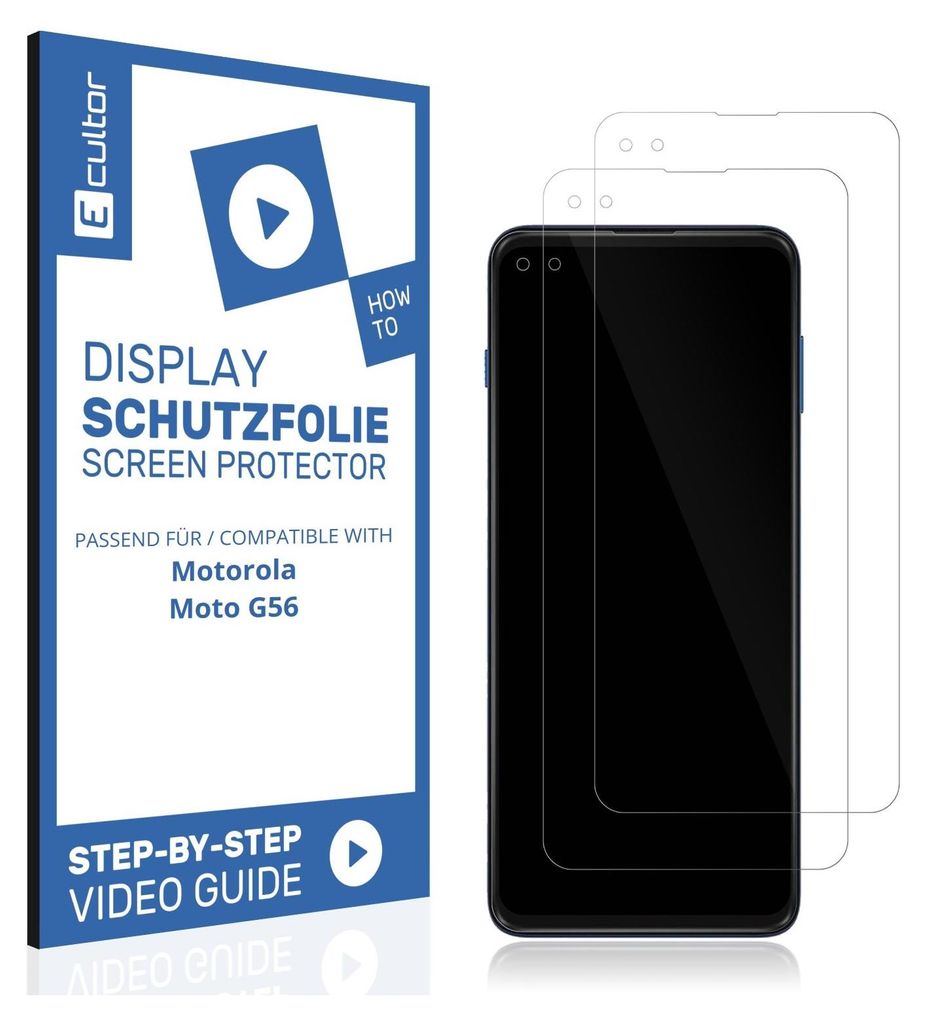 A product shot of screen protectors for a Motorola phone, with packaging and instructional graphics.