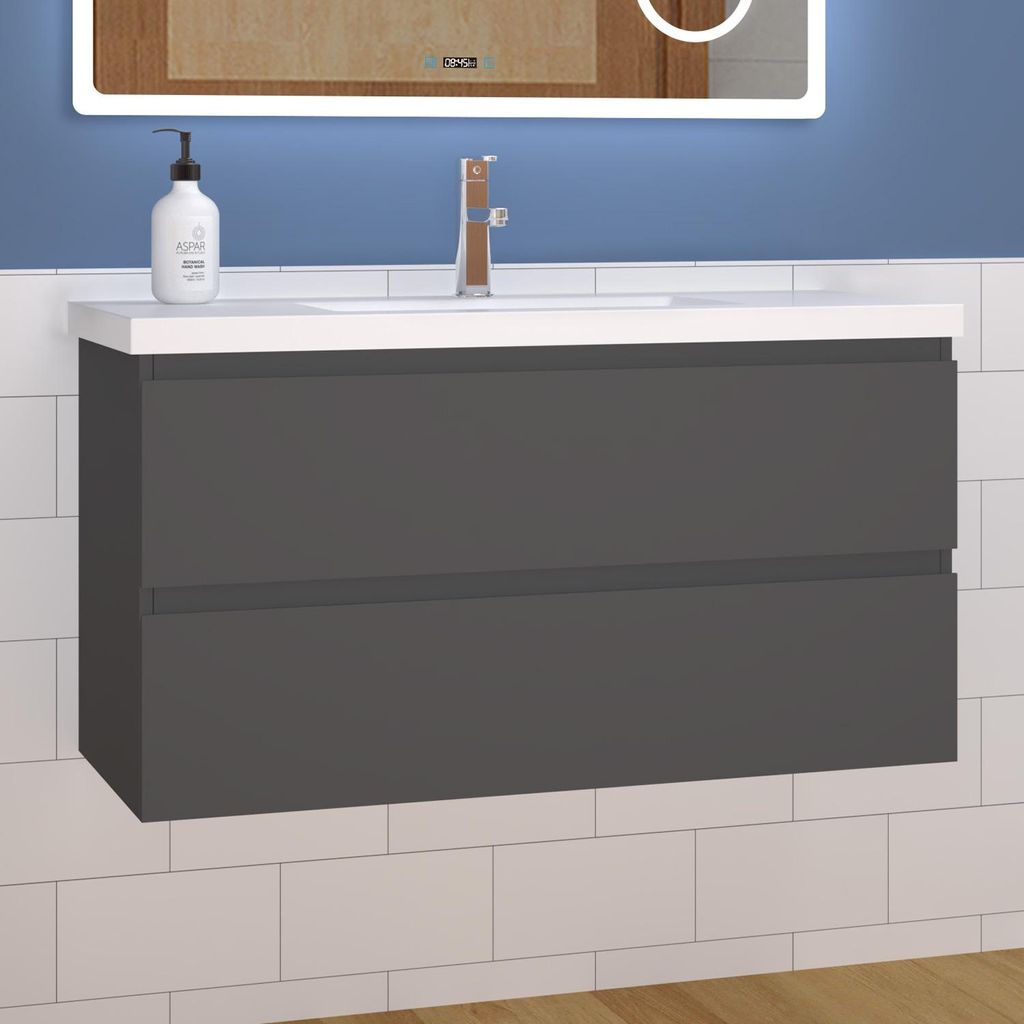 Waschtisch mit Unterschrank 100cm Alast Badmöbel Set Dunklegrau Waschbecken mit Unterschrank MDF Softclose