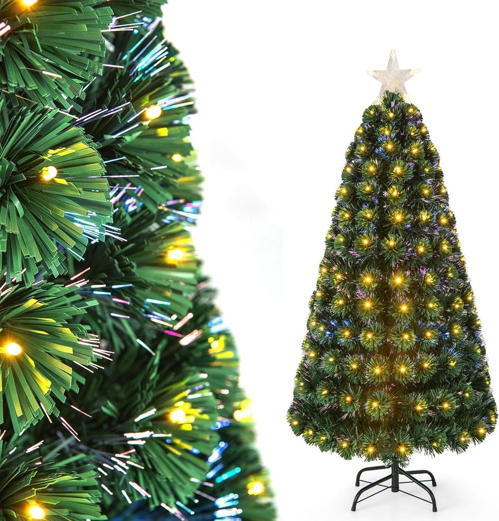 A close-up of a green artificial Christmas tree with fiber optic lights and a full shot of a similar tree with a star on top.