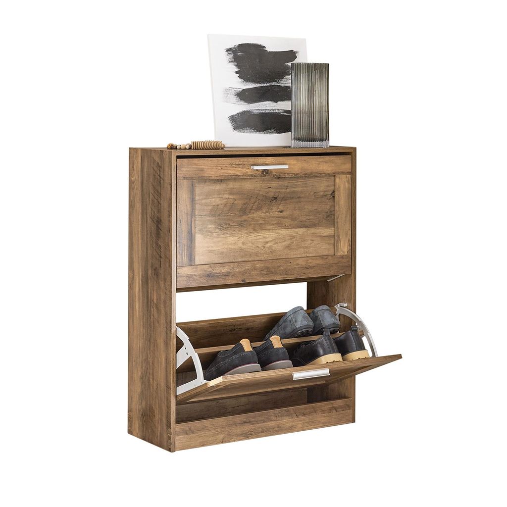 A wooden shoe cabinet with two flip-down compartments filled with shoes, displayed against a white background.