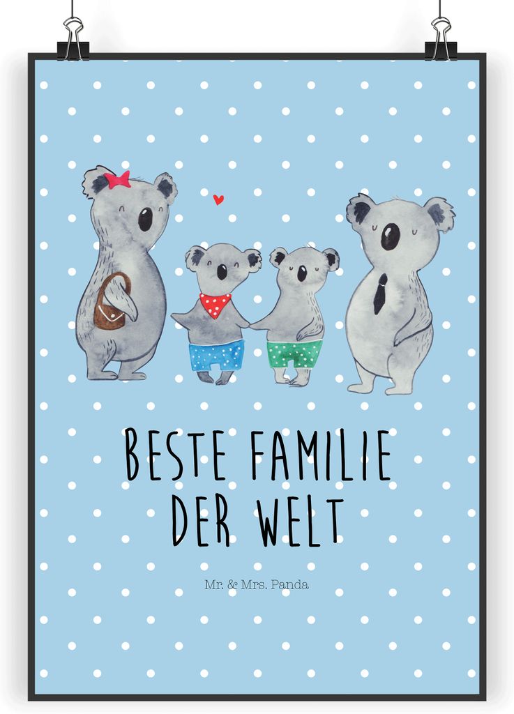 Mr. & Mrs. Panda Bild Koala Familie zwei DIN A4 - Blau Pastell - Geschenk, Koalabär, Wandbild, Muttertag, Plakat, wanddeko, drucke, Kunstdruck