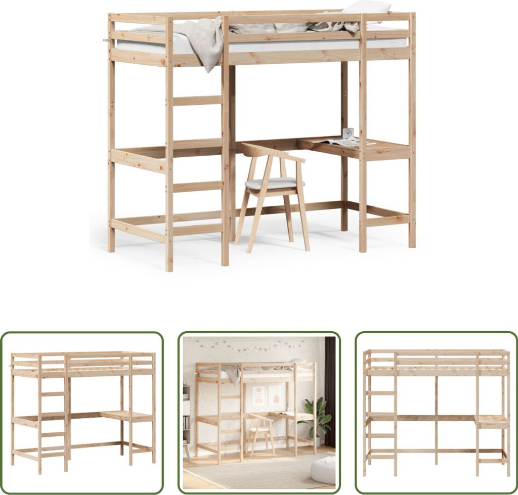 The Living Store Hochbett mit Schreibtisch 100x200 cm Massivholz Kiefer