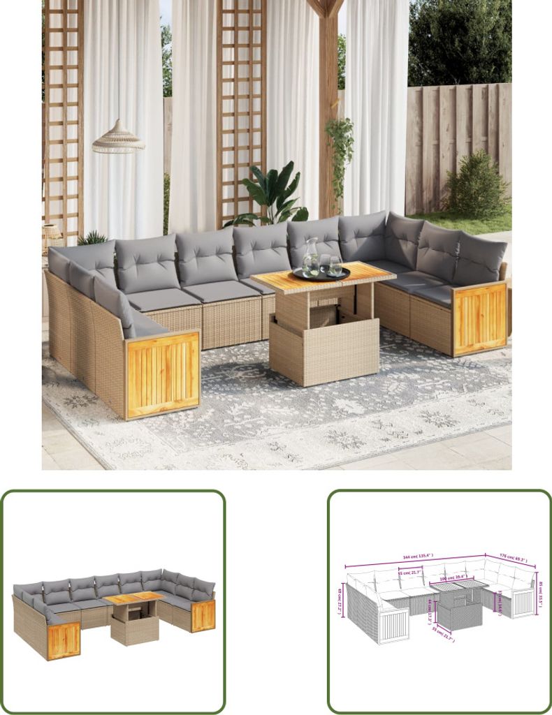 The Living Store 11-tlg. Garten-Sofagarnitur mit Kissen Beige Poly Rattan