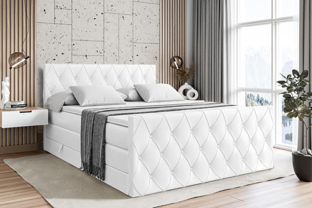ALTDECOR Boxspringbett mit Matratze und Lattenrost - AMAY KING - 140x200 cm - Weiß Kunstleder - Topper, Fußteil, Polsterbett mit Bettkasten, Bett...