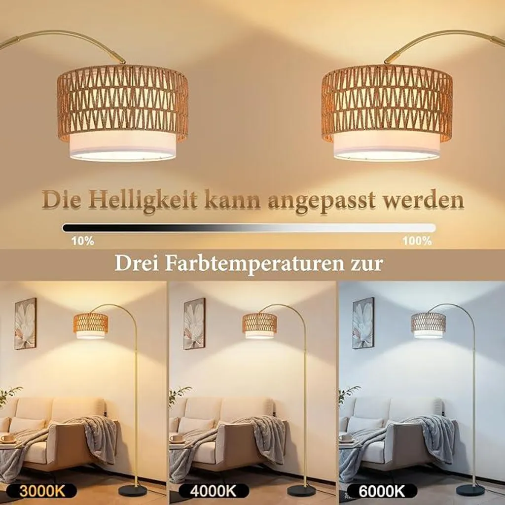 Lampadaire Rotatif 350° en Rotin Doré Dimmable avec LED et Télécommande