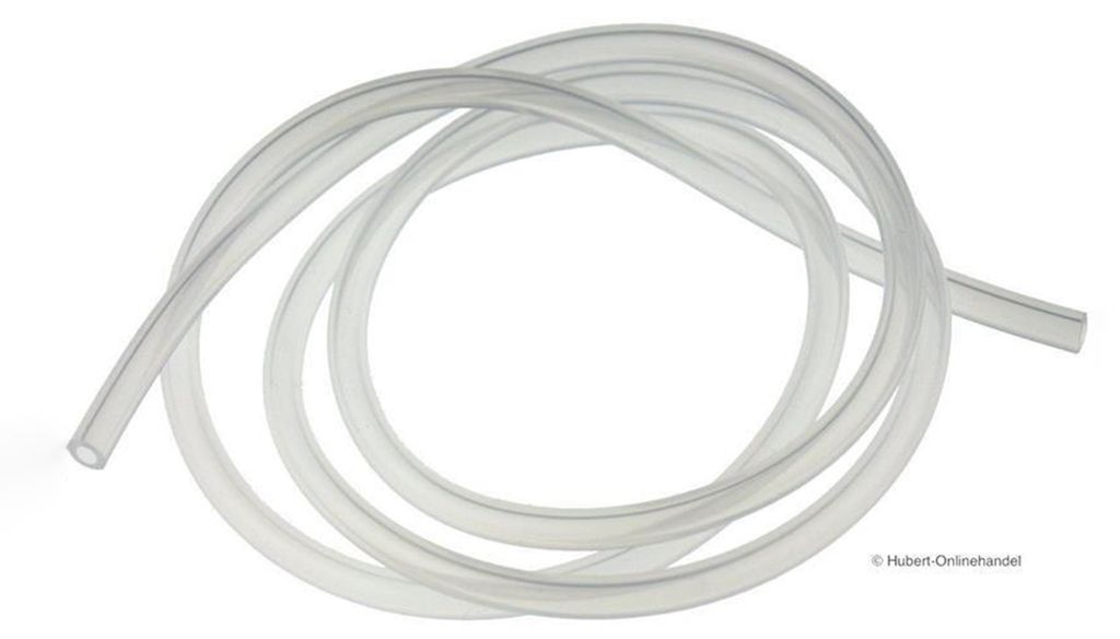 A coiled transparent tube on a white background.
