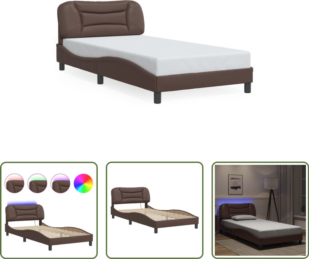 The Living Store Bettgestell mit LED Braun 100x200 cm Kunstleder