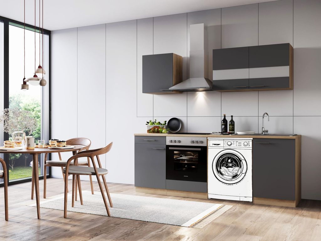 Küche Küchenzeile für Einbau Waschmaschine Eiche Grau Merle 220 cm Respekta