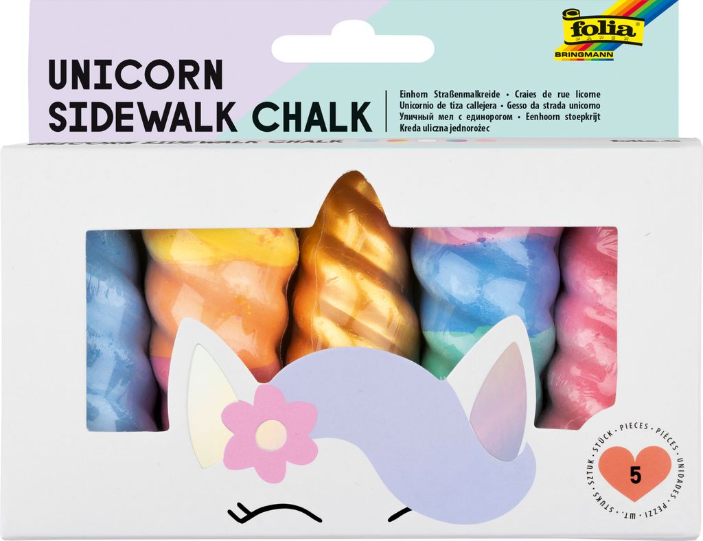 A product box for unicorn sidewalk chalk, showing the chalk sticks inside and a unicorn design on the front.