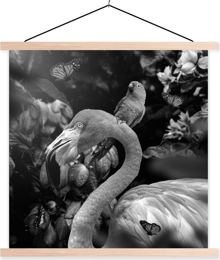 MuchoWow Textilposter Flamingo - Dschungel - Papagei - Schwarz - Weiß 40x40 cm mit holzfarbenen Rahmen - Posterleiste