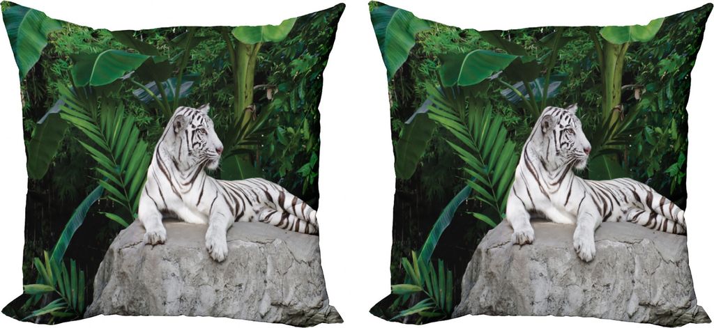 ABAKUHAUS Safari Kissenbezug Set (2Stück), White Tiger in Dschungel, doppelseitiges Digitaldruckdekor mit Reißverschluss, 50 cm, Beige Grün Hell...