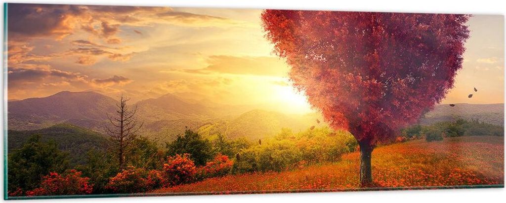 Bilder auf glas - Baum Wiese Blume - 90x30cm - Glasbilder - Wandbilder - Kunstdruck - zum Aufhängen bereit - Wanddekoration aus Glas - Glas Bilder...