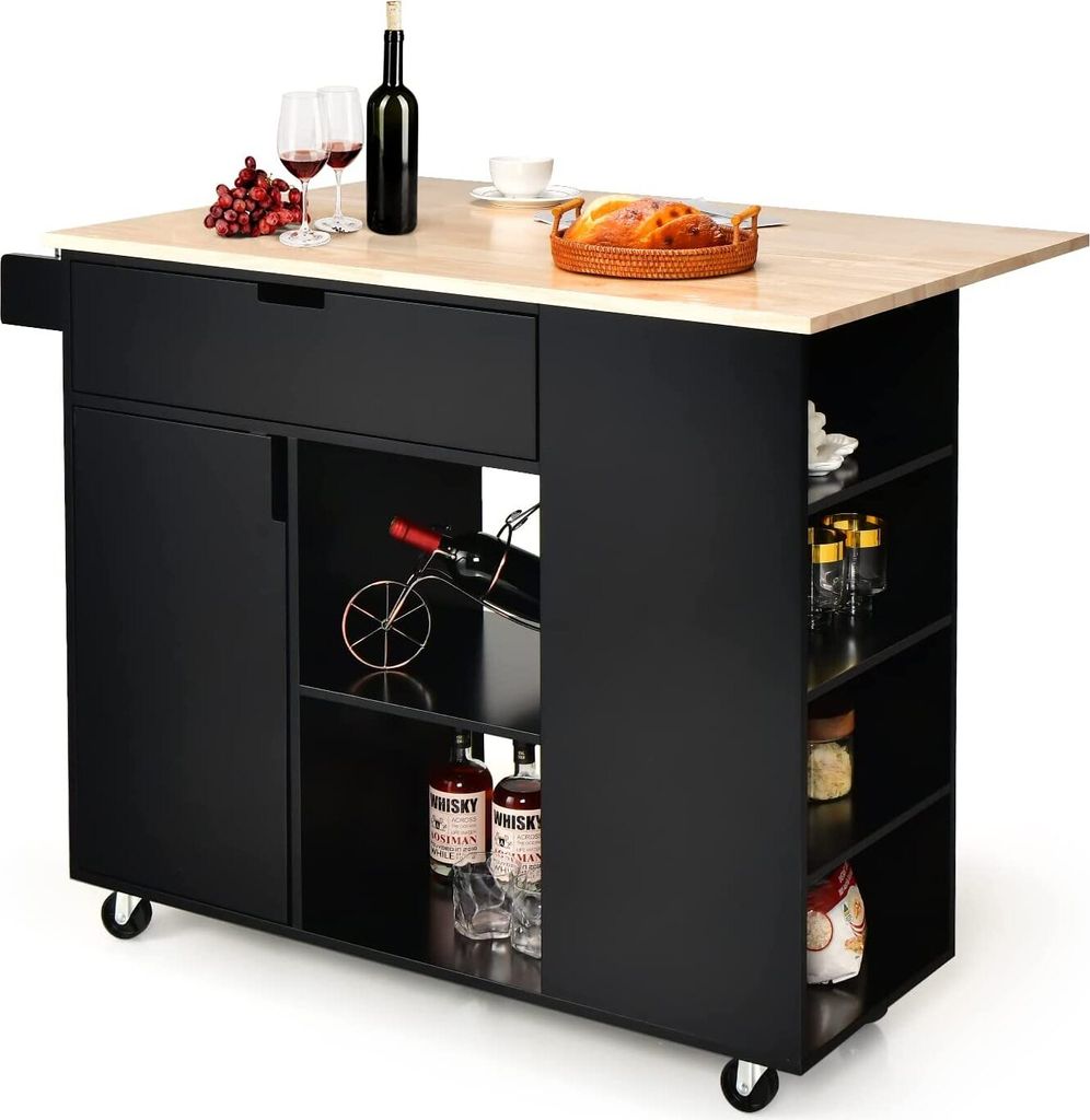 GOPLUS Kücheninsel, Küchenwagen mit Klappbarer Platte, Schublade, Offene Fächer, Handtuchhalter, Gummiholz, Räder mit Bremsen