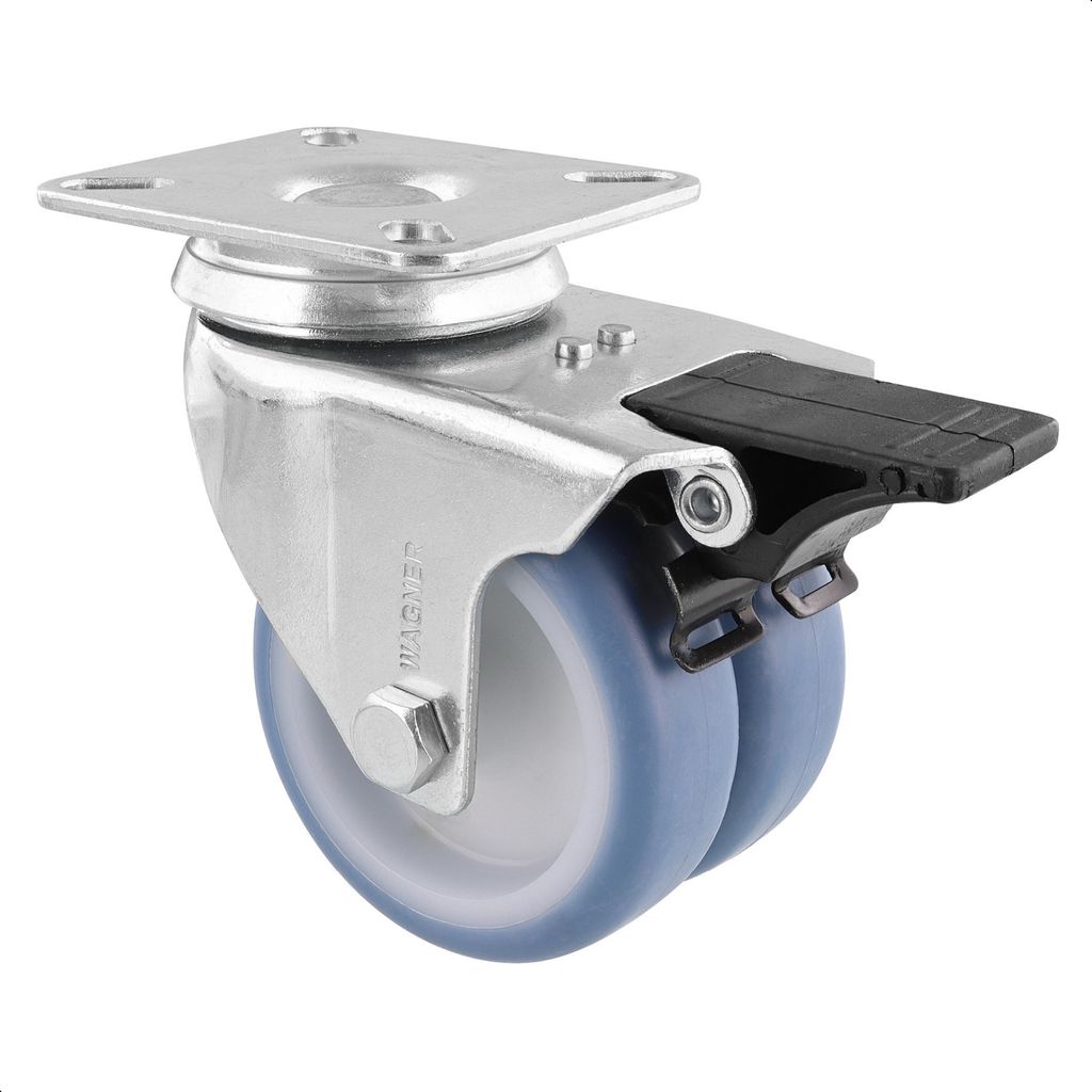 WAGNER Soft-Doppelrolle ECO - Ø 75 mm, Bremse, Stahl verzinkt, blau / weiß, Anschraubplatte, Tragkraft 100 kg - 03357701