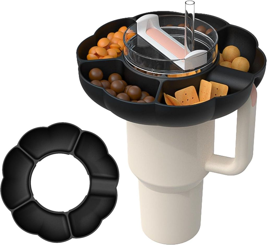 Silikon Snack Ring für Becher, Mehrfach Unterteiler Snackschale, Lebensmittel Aufbewahrung für Stanley Cup, Spülmaschinenfest, BPA-frei, Schwarz