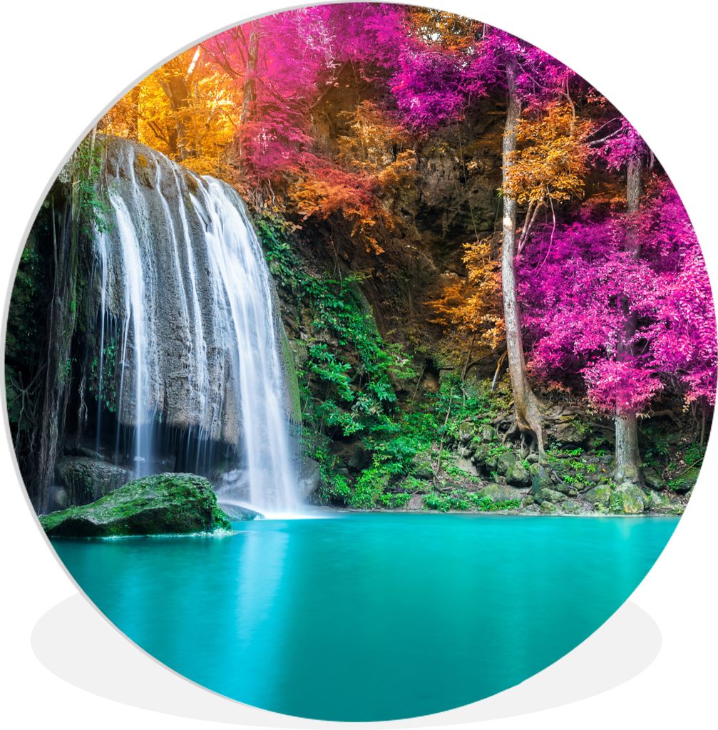MuchoWow Rundes Wandbild - Runde Bilder Wasserfall - Bäume - Rosa - Braun - Natur Ø 60 cm Kreis Wanddekoration Kunststoff - Wandkreis - Wandsch...