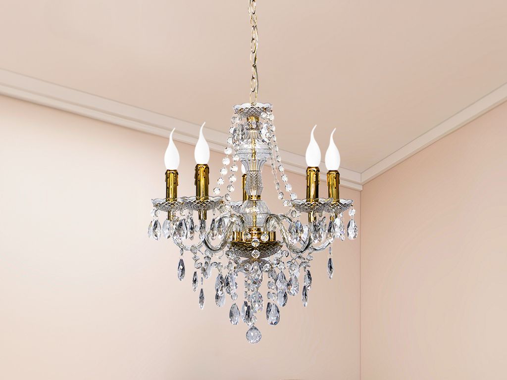 Esstisch LED Kronleuchter Gold 5 flammig dimmbar Ø52cm mit Produktbild 