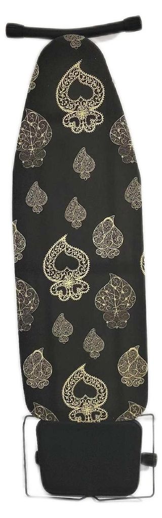 A black ironing board cover with a gold spade pattern, shown laid out flat.