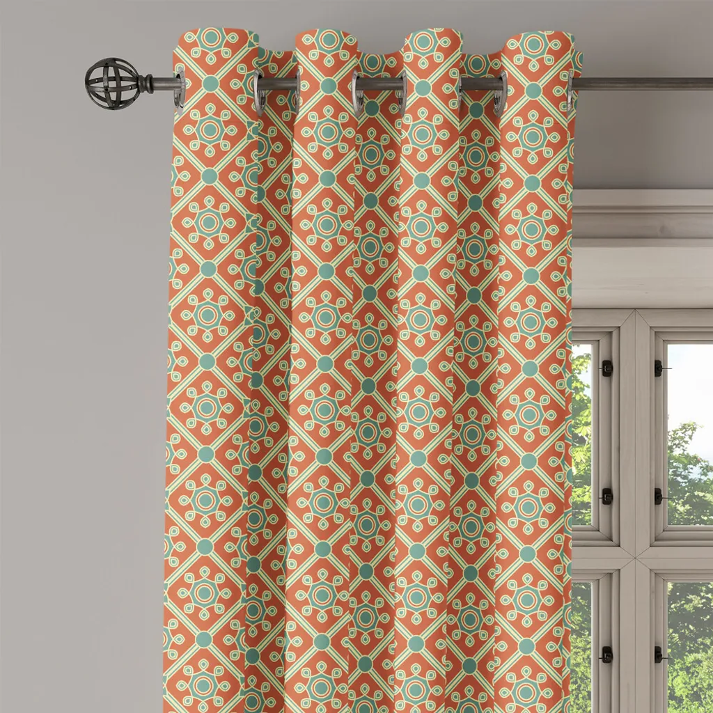 ABAKUHAUS Tenda con occhielli antica, foglie e fiori stilizzati e simbolicamente punteggiati, opera d'arte vecchio stile, tende decorative a 2 pannelli, 280 cm x 245 cm, arancione verde reseda - 2