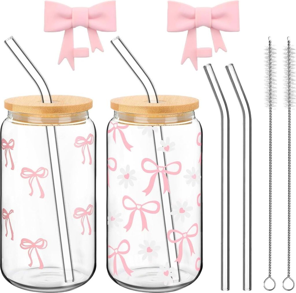Set aus 2 Borosilikatgläsern mit Deckel und Strohhalm - Clean Girl Ästhetik Gläser Set mit Schleifen, inklusive 2 Glasstrohhalmen und Silikondec...