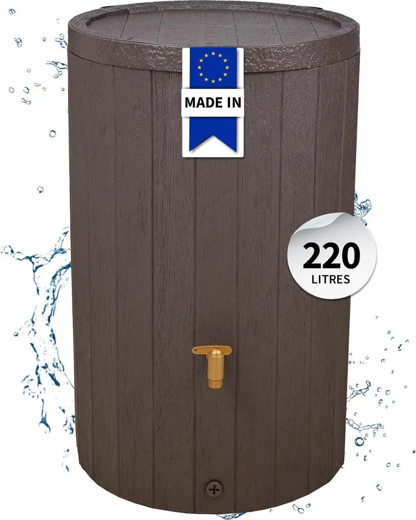 Récupérateur d'Eau de Pluie 220L Aspect Bois avec Robinet et Couvercle Brun