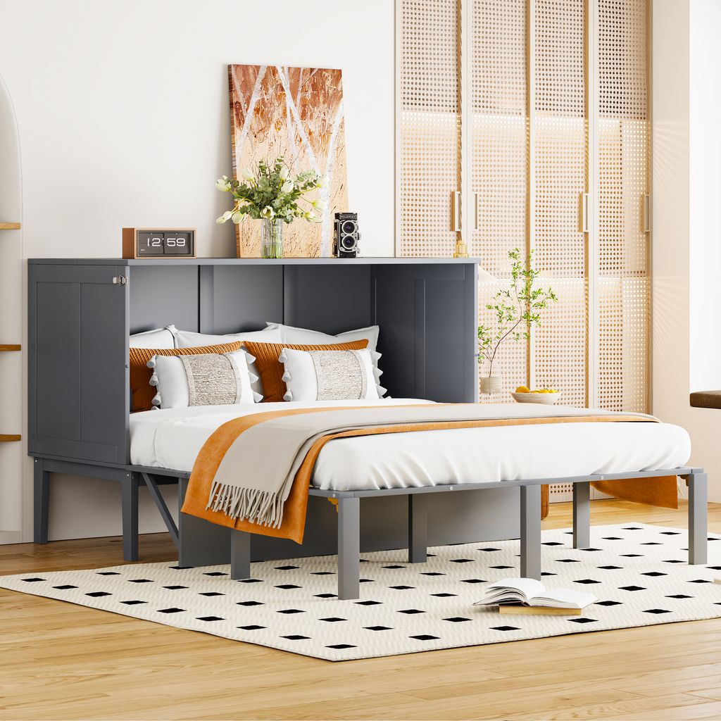 Merax Schrankbett 140x200cm mit Lattenrost, Klappbar Wandbett Jugendbett Bettschrank Doppelbett Holzbett für Schlafzimmer und Ferienwohnungen, Grau