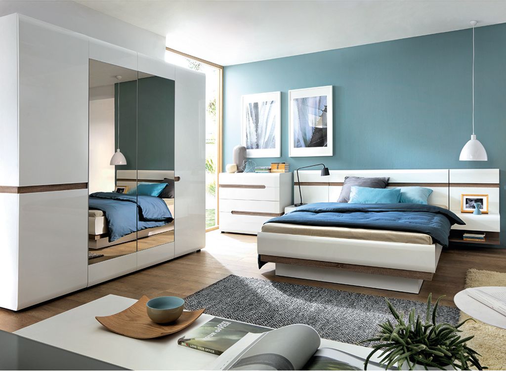 Schlafzimmer Komplett Set mit 160cm Bett und 4-türigem Kleiderschrank in weiß Hochglanz mit Trüffel Eiche Nb. LEGNICA-129
