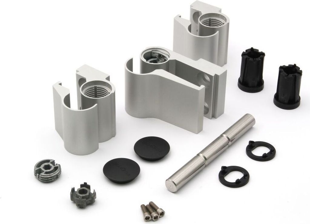 A collection of metal and plastic hardware components, likely for a door or window system, laid out on a white background.