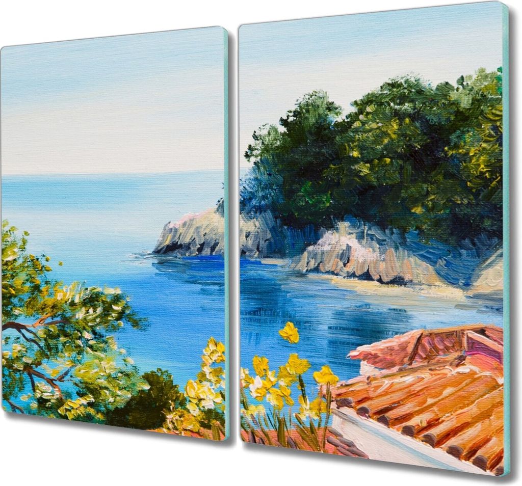 Coloray Herdabdeckplatte 2x30x52 cm Schneidebrett Kochplattenabdeckung Küchenbrett Hackbrett - Bäume Meer Himmel