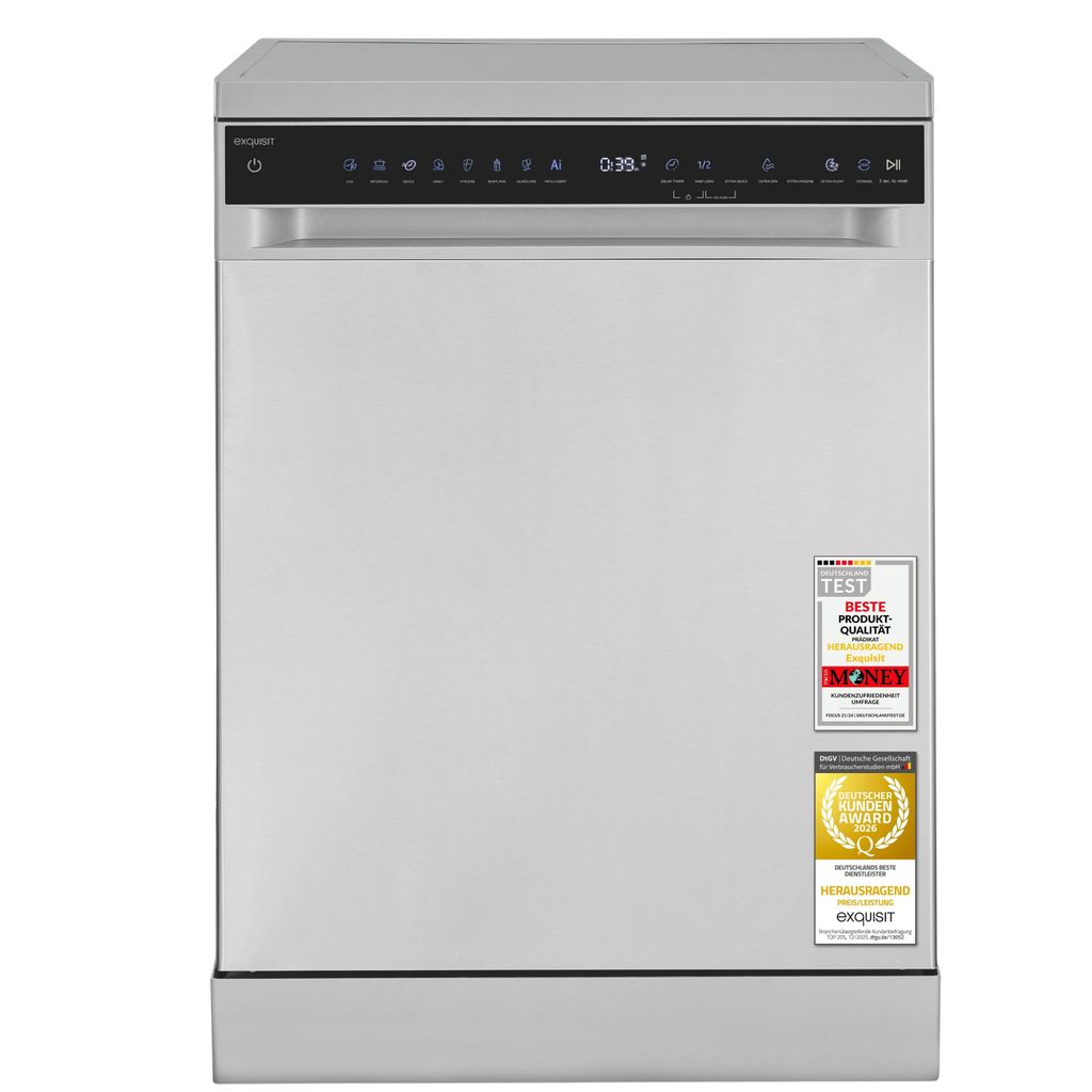 Exquisit Stand-/Unterbau-Geschirrspüler GSP9616-450B inox | 16 Maßgedecke | Energieklasse B | 45 dB | 8 Programme | Besteckschublade | Halbe Bela...