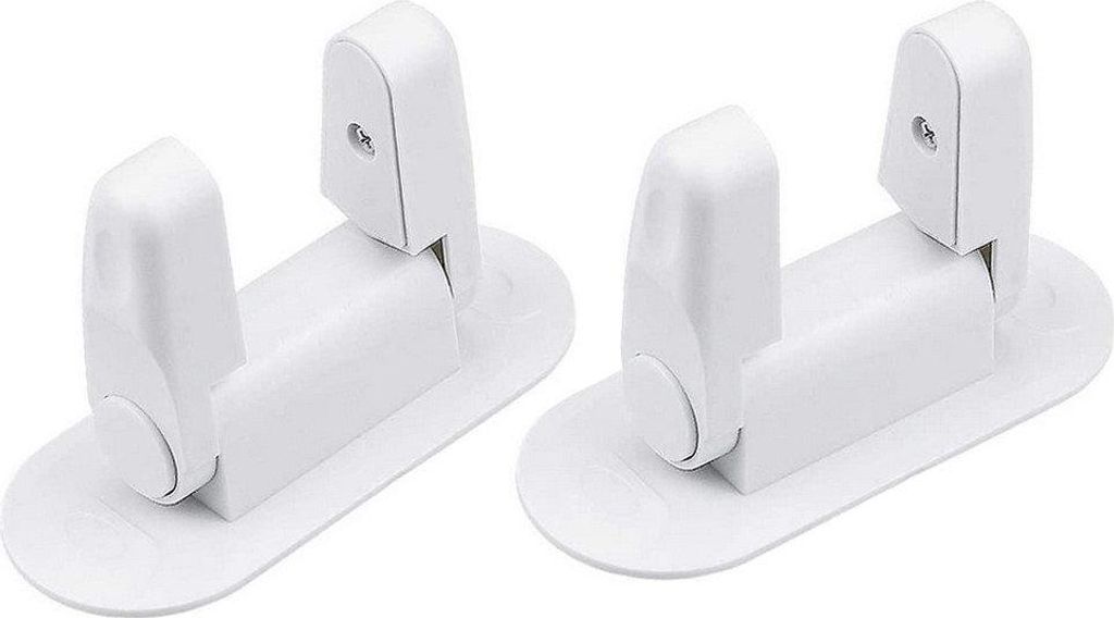 Two white window handle locks are shown from a diagonal angle on a white background.