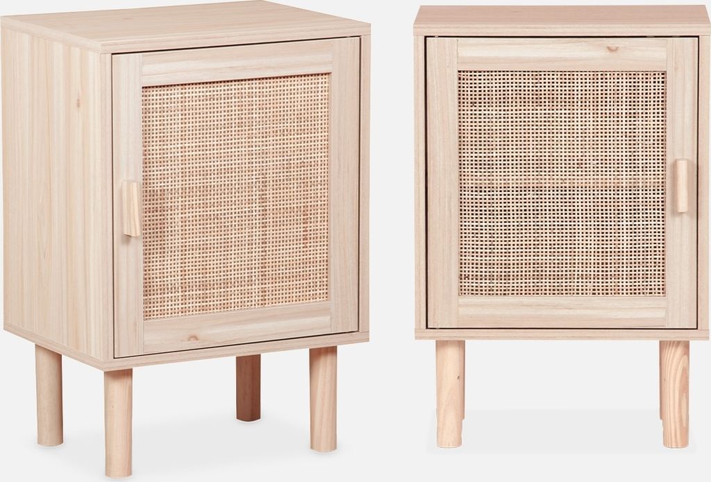 Two wooden nightstands with rattan fronts displayed side-by-side against a white background.
