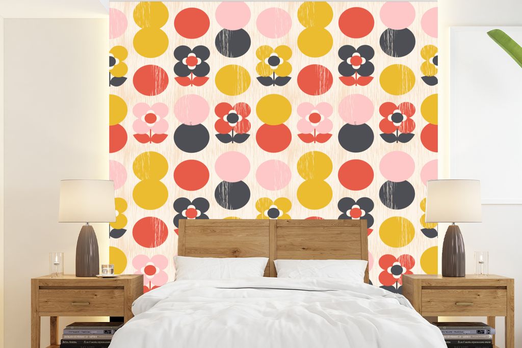 MuchoWow Fototapete für Wohnzimmer oder Schlafzimmer Wandtapete Vinyl Motivtapete Retro - Design - Blumen - Pastell - 220x240 cm - Wohnzimmer-Ta...