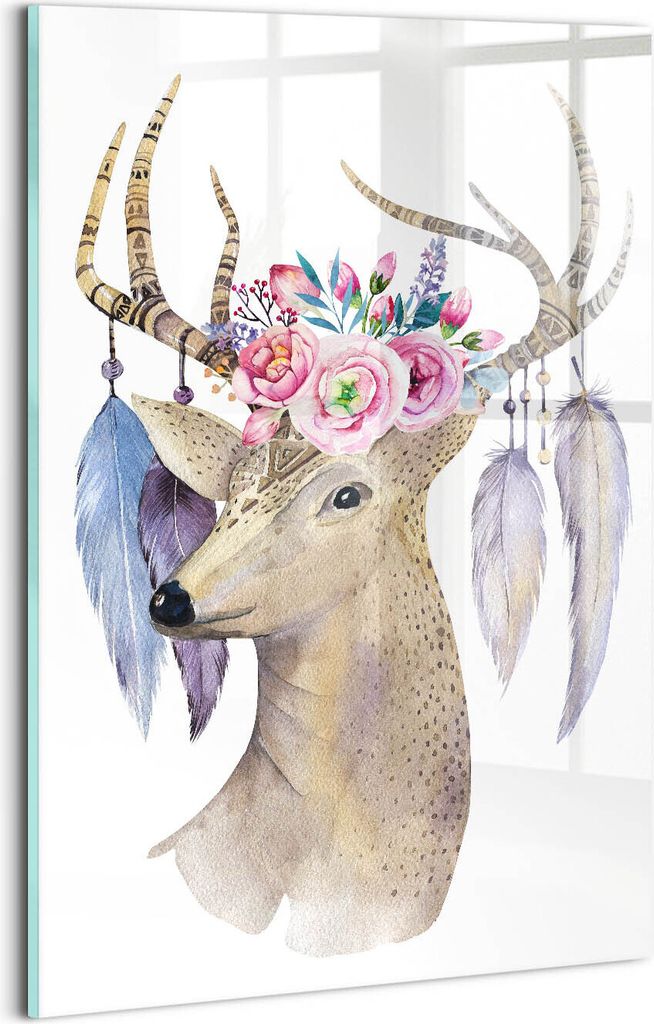 Designer Glasbild - Wandbild - Glas Bild - 20x30 cm - Hirschkopf Und Blumen