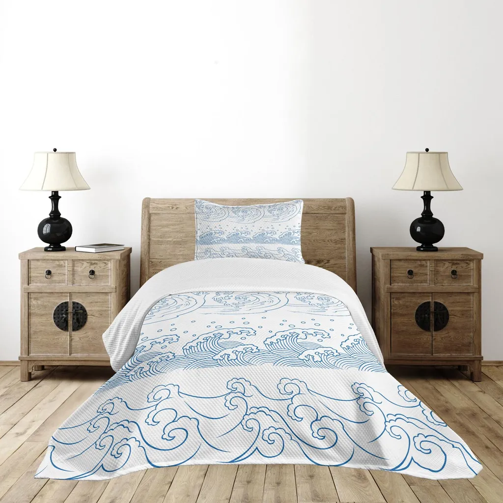 Set Copriletto ABAKUHAUS Kanagawa 170x220 - Blu Bianco Design Moderno