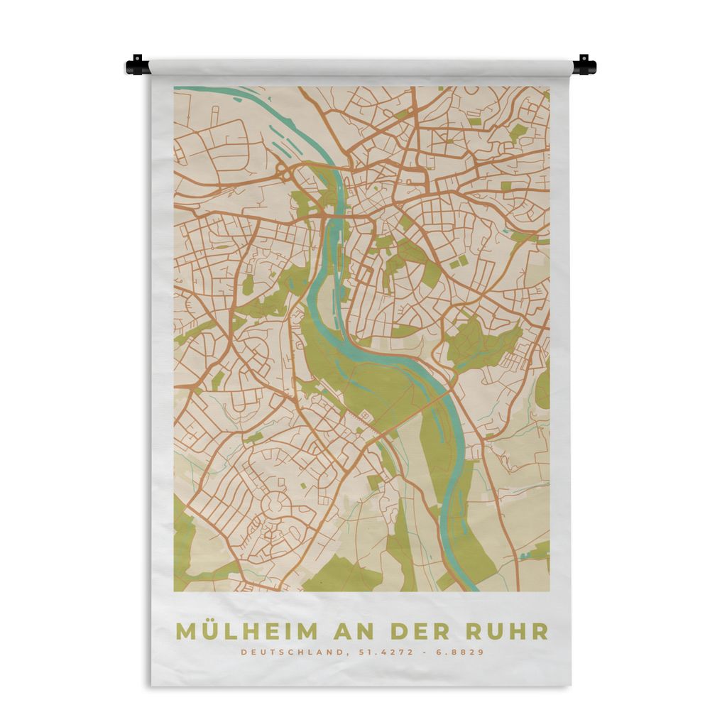 MuchoWow Wandteppich Wandbehang Jahrgang - Mülheim an der Ruhr - Karte - Stadtplan 90x135 cm Tapisserie Dekoration Wandtuch - Baumwolle - Wandsk...