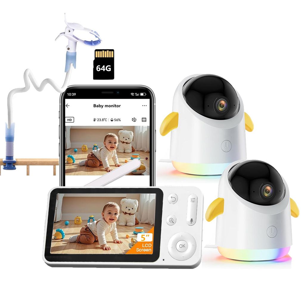 Babyphone mit 2 Kameras und APP 5 Zoll WLAN Babyfon mit Split-Screen 360° PTZ 4×Zoom IR-Nachtsicht Buntes Nachtlicht mit Halterung & 64G