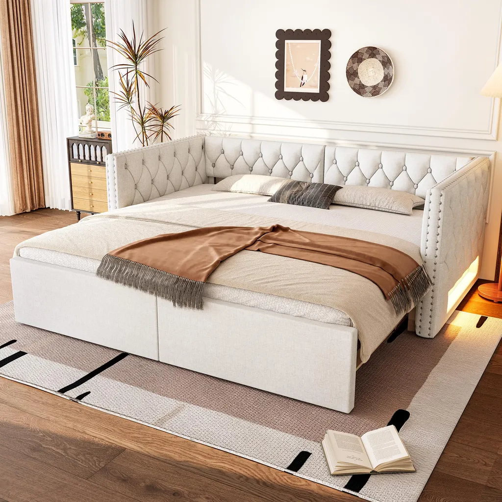 Lit de jour avec LED et sommier extensible 90/180x200cm en lin beige