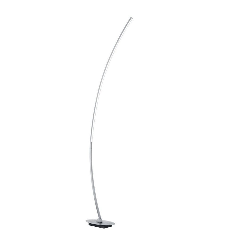 A silver floor lamp with a curved design on a white background.