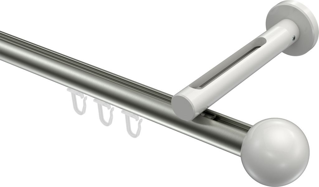 Interdeco Innenlaufstange / Gardinenstange mit Innenlauf Edelstahl-Optik / Weiß, Typ Siteno Luino (Kugel), 20 mm Ø 1-läufig, 120 cm