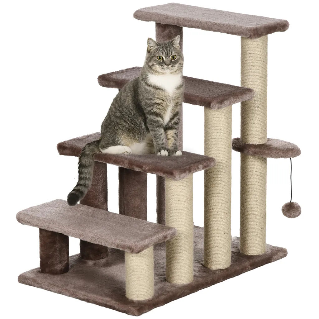 Escalier chat 4 niveaux avec jouet et griffoir en jute marron 64 cm