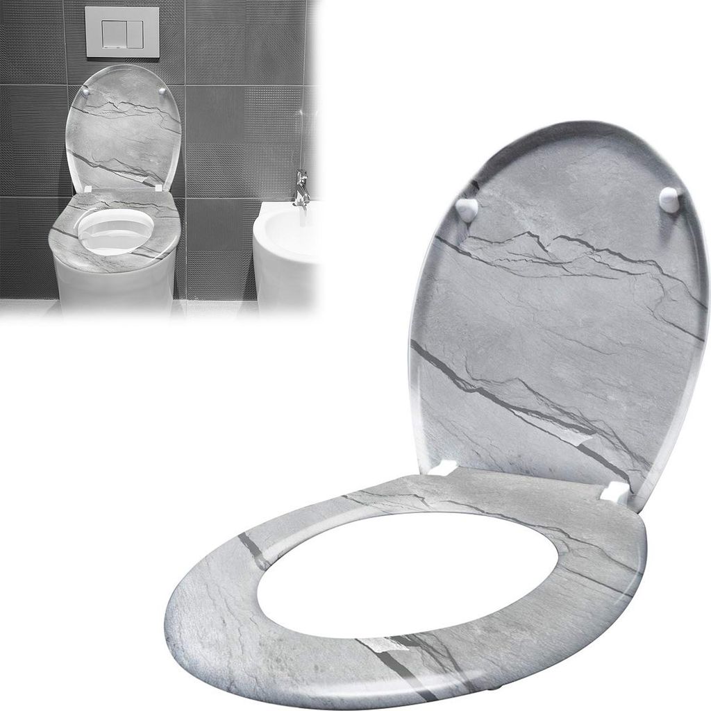 XINZI Toilettendeckel oval und Sitz mit Absenkautomatik, Antibakterielle Klobrille, WC-Sitz und Deckel aus Hartplastik (Marmor-Design)