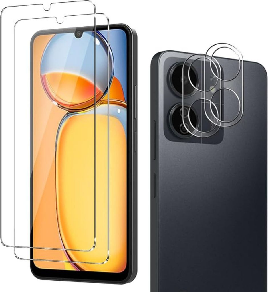 A split image showing a smartphone with screen protectors on the left and a close-up of the camera lenses with lens protectors on the right.