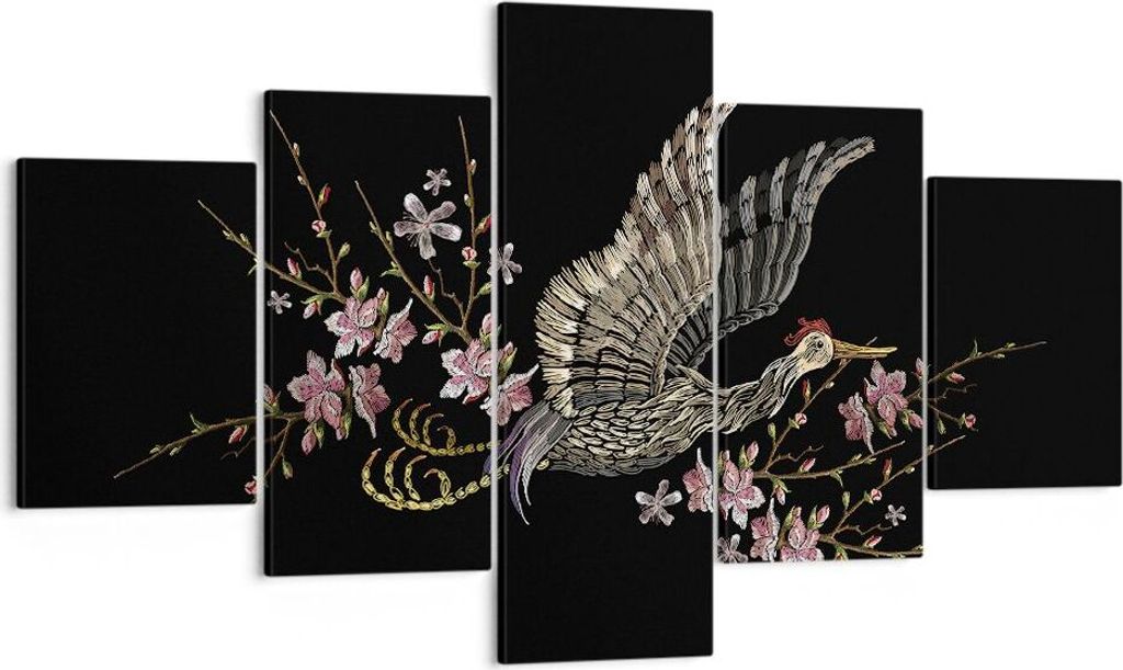 Bild auf Leinwand - Leinwandbild - 5 Teile - Asiatisch Vogel Blumen - 125x70cm - Wand Bild - Wanddeko - Wandbilder - Leinwanddruck - Bilder - Wandd...