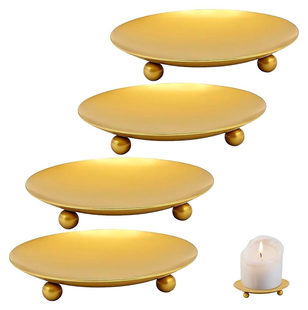 4 Stück Kerzenständer in Gold für Stumpenkerzen, Elegante Kerzenteller und dekorative Halter aus Metall, Schlichte Kerzenschalen für Hochzeiten...