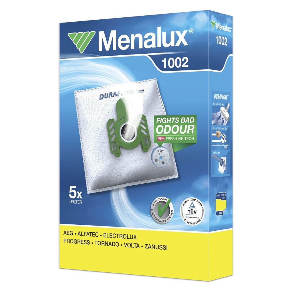 A product box for Menalux 1002 vacuum cleaner bags.